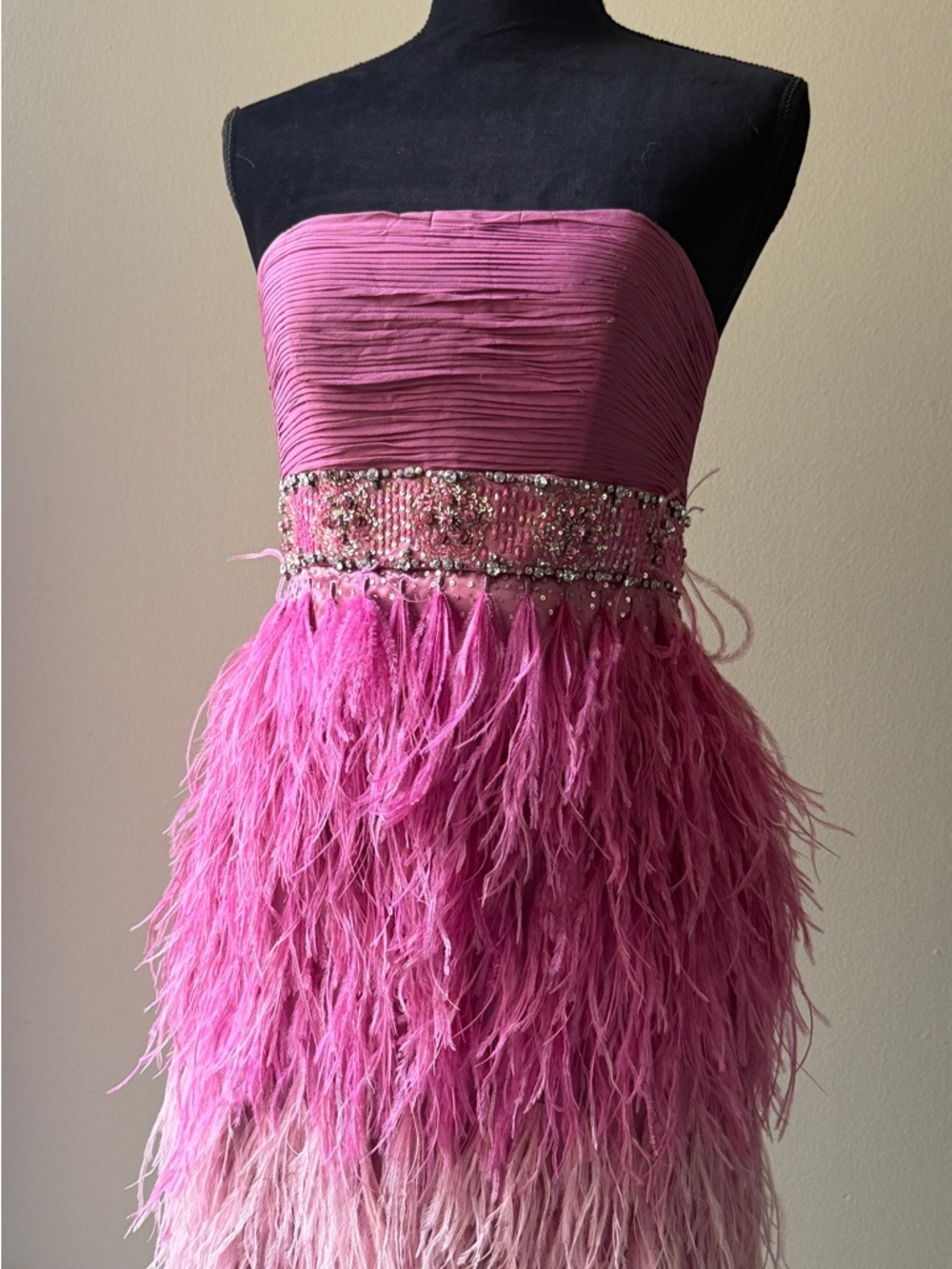 Sue Wong Pink Ombre Feathered Strapless Cocktail Dress
